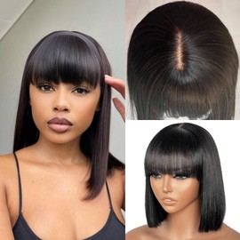2x1 Lace Human Hair Wig Straight Short Bob Wig with Bangs Wig for Women Human Hair Wear and Go Short Bob Wig 100% Brazilian Human Hair Natural Black 10 Inch