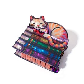 PERSONFUN Cute Cat on Books Hair Claw Clip, Rainbow Color Stack Design, Metal Spring with Shark Tooth Grip, Non-Slip Hair Claw for Women & Girls