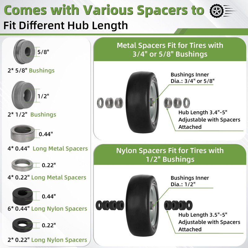 2 PCS 11x4.00-5" Lawn Mower Tires Flat Free,3/4" 5/8" 1/2"