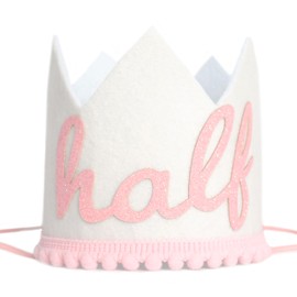 KOJIN Half Birthday Hat For Baby Show，6 Months Birthday Decorations For Boys And Girls，Boho Style Half Birthday Crown，Pink Glitter Hat For Princess Theme Party，Half Birthday Crown Hat For Baby (Pink)