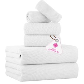 CASA COPENHAGEN Popcorn Textured 6 Pieces Towel Set- White, 550 GSM 2 Bath Towel 2 Hand Towel 2 Washcloth, Rough & Tough Use Cotton Towels Gift Set for Bathroom