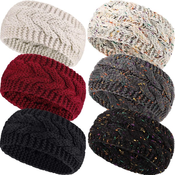 6 Pieces Winter Headbands Women's Cable Knitted Headbands, Winter Chunky Ear Warmers Suitable for Daily Wear and Sport (Multi-color Confetti and Twist Style)