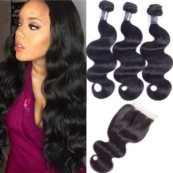 Amella Hair 8A Brazilian Body Wave with Lace Closure (12 14 16+10 Three part) 100% Unprocessed Virgin Brazilian Body Wave Human Hair Extensions with 4x4 Lace Closure Natural Color 315g in Total