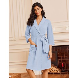 Ekouaer Robes for Women Waffle Knit Bathrobe Lightweight Kimono Robe Knee Length Loungewear with Pockets Light Blue XL