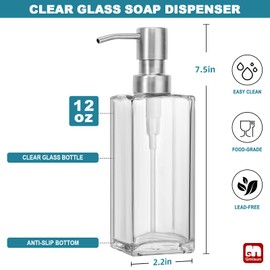 GMISUN Glass Soap Dispenser with Stainless Steel Pump, Clear Soap Dispenser, Hand Soap Dispenser for Bathroom, 12oz Dish Soap Dispenser for Kitchen, Modern Refillable Liquid Soap Dispenser Bottle
