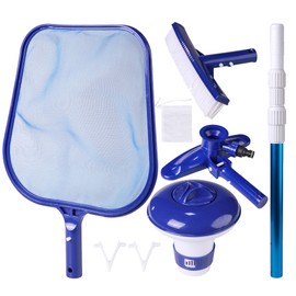 Blue Mano 6 Piece Spa & Pool Cleaning Kit - 10" Vacuum Head, 12" Leaf Skimmer, 10" Pool Brush, 4FT Telescopic Aluminum Pole & Small Chlorine Dispenser - for Spas & Small Pools
