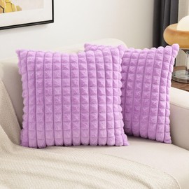 FUTEI Purple Decorative Throw Pillow Covers 24x24 Inch Set of 2,Square Euro Cushion Case,Soft Fluffy Faux Rabbit Fur Plaid/Cozy Velvet,Modern Home Decor for Couch Bed