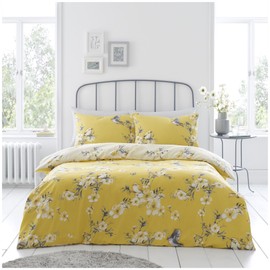 VELVETIO Luxury Birdie Blossom Floral Duvet Cover Sets with Matching Pillow case, Reversible Printed Birds Flower Bedding Quilt, Soft Polycotton Botanical Bedlinen Set, Single, Ochre