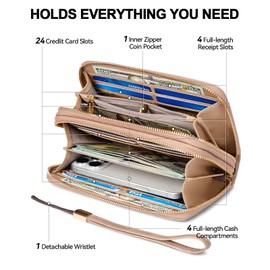 BOSTANTEN Wallets for Women Leather RFID Double Zipper Around Credit Card Holder Large Capacity Wristlet Clutch Wallet with Grip Hand Strap Skin Tone