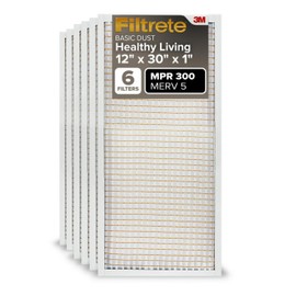 Filtrete 12x30x1 Air Filter, MPR 300, MERV 5, Clean Living Basic Dust 3-Month Pleated 1-Inch Air Filters, 6 Filters