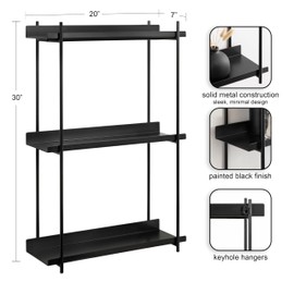 Kate and Laurel Dominic Modern Metal Bathroom Shelf, 20 x 7 x 30, Black, Contemporary Sleek 3-Tier Floating Shelves for Wall Decor, Display, and Over Toilet Storage