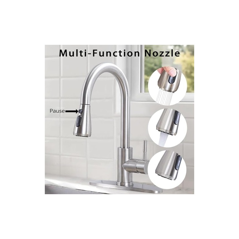 HOTIS Kitchen Faucet with Pull Down Sprayer, Brushed Nickel Stainless