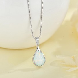 Veshon White Opal Necklace for Women - 925 Sterling Silver October Birthstone Teardrop Pendant with 9x12mm Opal Gemstone, Adjustable Box Chain Jewelry Gif for Her