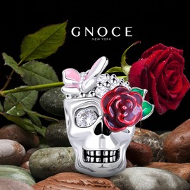 GNOCE Sugar Skull Charm for Bracelets S925 Silver Charm for Women fit US European Bracelets Necklaces (Rose Skull)