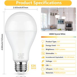 MAXvolador A21 LED Light Bulbs, 150 Watt Equivalent LED Bulbs, Neutral White 4000K, 2600 Lumens, E26 Base, Non-Dimmable, 19W Light Bulbs, Pack of 6