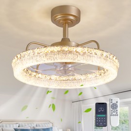 CROSSIO 20'' Ceiling Fan with Lights and Remote, 3000-6000K Dimmable Low Profile Crystal Ceiling Fan, 6 Wind Speeds Modern Flush Mount LED Fandelier for Bedroom Living Room, Gold