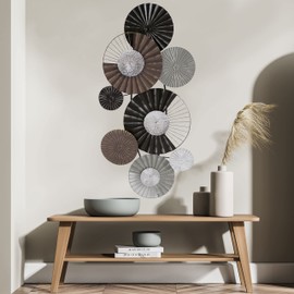 WHW Whole House Worlds MODERNIST HOME Floating Roundels Wall Art Sculpture, Hand Welded, Ruffled and Incised Metal, Brown, Black, Silver, Grey, 39.25 Inches