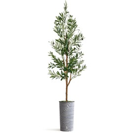 Artificial Tree in Modern Geometric Pattern Planter, Fake Olive Silk Tree for Indoor and Outdoor Home Decoration - 68" Overall Tall (Plant Pot Plus Tree)