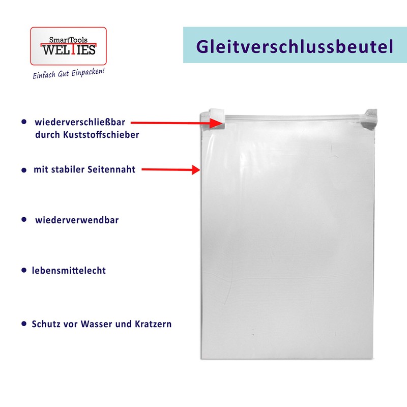 WeltiesSmartTools Gleitverschlussbeutel 60µ 320x230mm Zip Beutel Wiederverschließbar mit praktischem Schieber