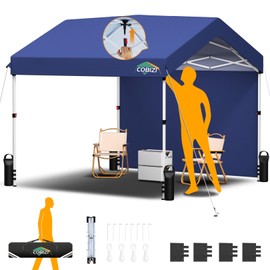 COBIZI Canopy Tent 10x10 Pop Up Canopy with One Button Push Center Lock, Portable Carport with 1 sidewall, 10x10 Carport Canopy for Parties, Commercial, Events, Waterproof, UPF 50+, Dark Blue