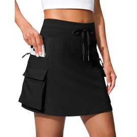 SANTINY 16" Cargo Skort with 6 Pockets Drawstring High Waisted Golf Travel Hiking Skorts for Women Dressy Casual Summer (Black_L)