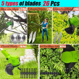 Electric Weed Wacker Battery Powered 3 in 1 Grass Trimmer/Lawn Edger/Brush Cutter with 2Pcs 21V/2.0 Ah Batteries & 26 Blades