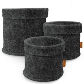 Miqio Design Premium Felt Basket - Storage Baskets Round - Set of 3 - Plant Basket - Flower Planter - Oeko-Tex Certified - Foldable Organiser for All Rooms - Dark Grey
