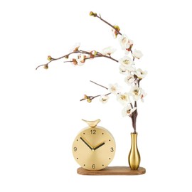 RHYRGWEK Modern Brass Bird Table Clock Quiet Minimalist Creative Desktop Decoration for Home or Office (Flower Edition)