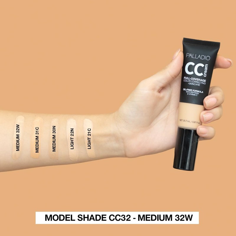 Palladio Full-Coverage Colour Correction CC Cream, Oil-Free with Peptides &