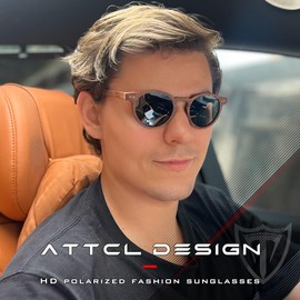 ATTCL Wood Polarized Sunglasses for Men Women UV400 Protection Round Frame Unisex Retro Style Sunglass Driving Fishing Golf Lightweight P199-C5-Red+Brown