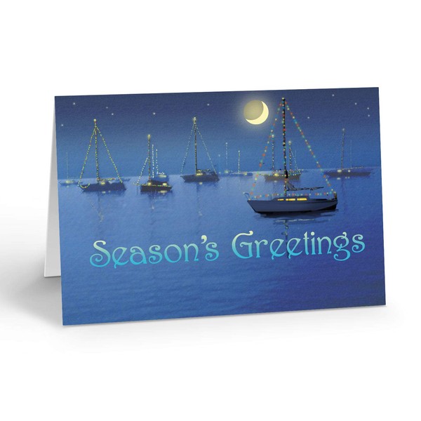 Season's Greetings Sailboat Card - Nautical Christmas Cards - Boating Christmas Cards -18 Cards & Envelopes