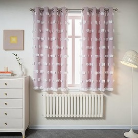 MYSKY HOME - Doble corte de cortina transparente con pompones blancos,室 para niñas, cortinas sólidas de 2 paneles que oscurecen la habitación rosas