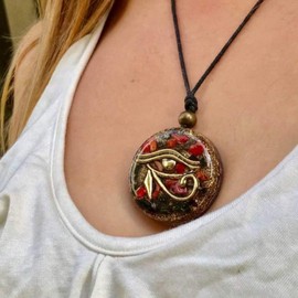 Orgonite Necklace, Eye of Horus, Amulet of Protection -Healing Crystals and Stone Black Tourmaline Onyx, Pyrite, Coral SBB Coil - Yoga, Meditation, Reiki,Handmade, Arte Orgones