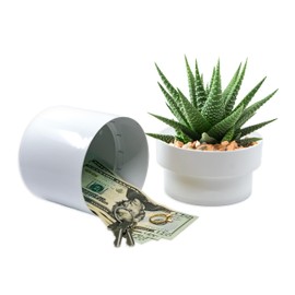 Flipo Flower Pot Diversion Safe - Secret Hidden Safe With Key Lock Box - Weather Resistant Steel Flower Pot With False Bottom And Plastic Top For Hiding Valuables Inside (White) Plant Not Included