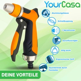YourCasa Gartenbrause aus Aluminiumgehäuse - Gartenspritze verstellbaren Sprühmustern - Brause Spritze mit Gartenschlauch Aufsatz - Handbrause - Garten Wasserspritze Düse Reinigungsspritze (Orange)
