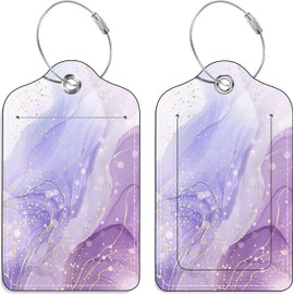 Richugui Gauze-Like Pink,Purple and Gold Striped Pattern 2 Pack PU Leather Luggage Tags for Suitcase,Luggage Tag with Privacy Flap for Women Men Luggage Handbag School Bag