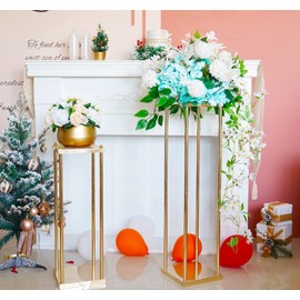 Bigsee 2pcs Gold Wedding Centerpieces Column Vases for Tables Geometric Metal Flower Stand , 23.6 Inch Tall Floor Vase Rectangle Flower Holder for Wedding Party Table Decorations