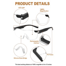 OKH - Lupas manos libres con luz, bloqueo de luz azul 160% de aumento y luces LED duales, incluye lupas plegables para trabajos cercanos, lectura, manualidades