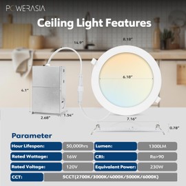 12 Pack Recessed Lighting 7 Inch with Junction Box, 5CCT 7 Inch LED Recessed Lights Dimmable 2700K/3000K/4000K/5000K/6000K, 16W 1300lm Ultra Thin Recessed Lighting - ETL and Energy Star Certified