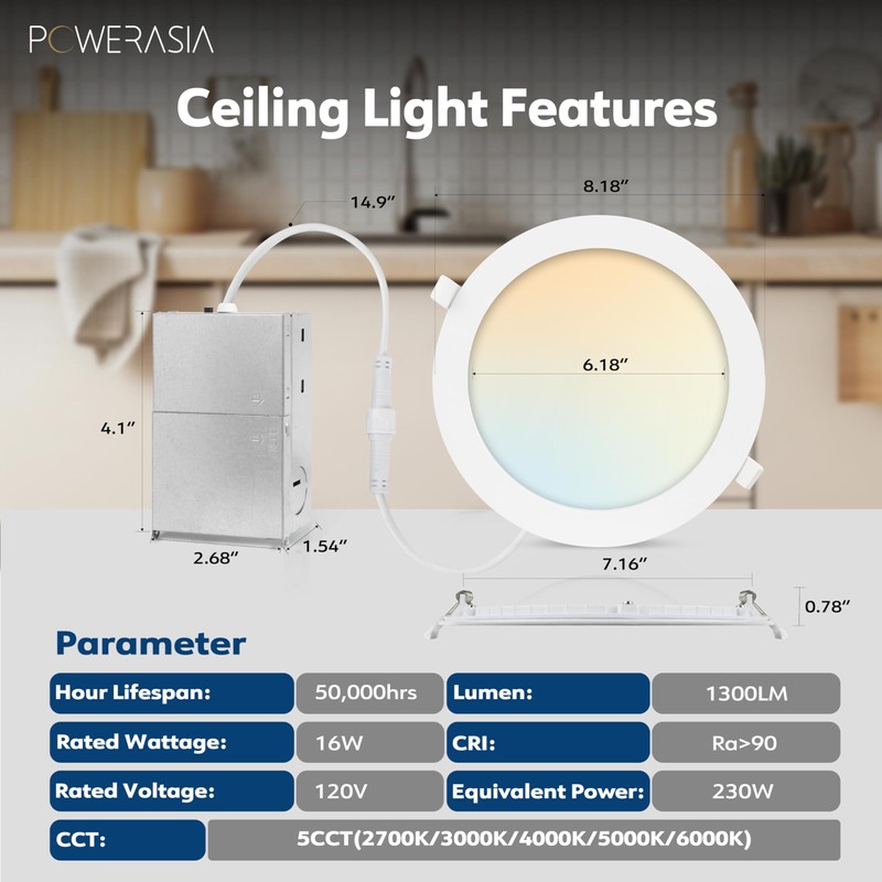 12 Pack Recessed Lighting 7 Inch with Junction Box, 5CCT