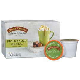 Door County Coffee, Single Serve Cups for Keurig Brewers, Highlander Grogg, Irish Creme and Caramel Flavored Coffee, Medium Roast, Ground Coffee, 10 Count