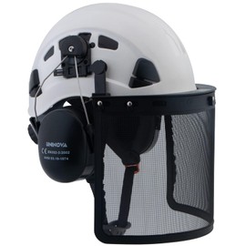 UNINOVA Forestry Chainsaw Arborist Helmet with Mesh Face Shield and Ear Muffs Hearing Protection,Logging Trimming Mowing Climbing Tree Garden Work OSHA Safety Hard Hat Helmet(A92 White+Earmuff+Shield)