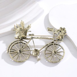 Dainty Vintage Zinc Alloy Flower Bicycle Brooch Antique Crystal Wheels Bike Pins Statement Jewelry Gifts Charms Coat Suits Lapel Accessories (Gold Plated)