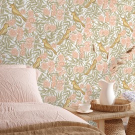 VEELIKE Retro Peach Floral Peel and Stick Wallpaper Vintage Gold Bird Wallpaper for Bedroom Bathroom 17.7''x118'' Boho Floral Wallpaper Prepasted Removable Floral Contact Paper for Cabinets Drawers
