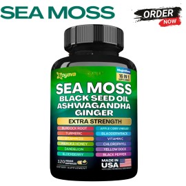 100% Pure Sea Moss 16-in-1 Extra Strength Capsules – Ashwagandha, Black Seed Oil, 120 Ct