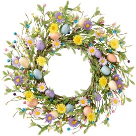 Sggvecsy 20 Inch Easter Wreath Spring Wreath Artificial Flower Wreath with Colorful Eggs Daisies Berries Eucalyptus Leaves for Front Door Easter Summer Farmhouse Holiday Wall Home Window Decor
