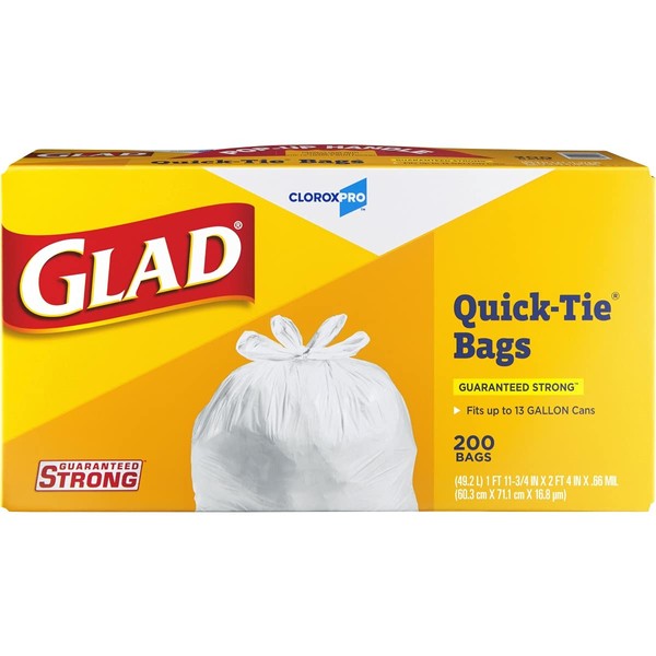 Glad Quick-Tie Tall Kitchen Trash Bags, 13 Gallon Trash Bags for Tall Trash Can, 200 Count - 15931