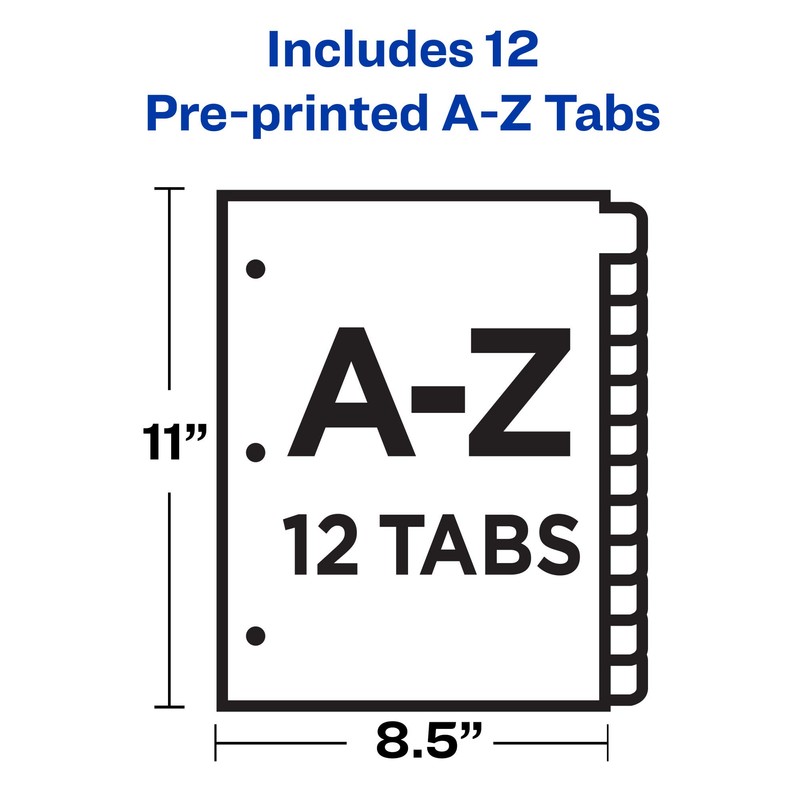 Avery 11330 Preprinted Plastic Tab Dividers, 12-Tab, Letter