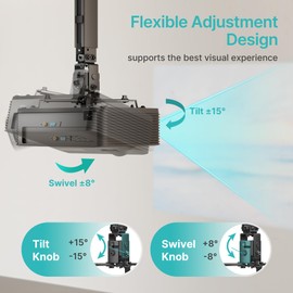 PEGZONE Projector Ceiling Mount with Extension Pole, Wall&Ceiling Adjustable Bracket 3-in-1, Universal Projector Holder for Home Theater & Office, 44lbs, Compatible with Epson/Optoma, Black