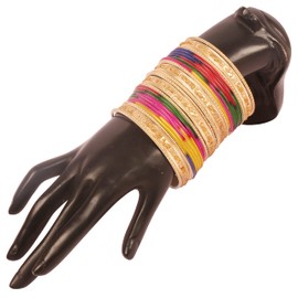 Touchstone Indian Bollywood "Colorful 2 Dozen Bangle Collection" Golden Glitter Textured Multi Color Large Designer Jewelry Special Bangle Bracelets Set of 24 Gold Tone for Women, Alloy Steel